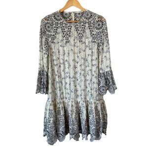 Ganni Emile Floral Dress Sz S Embroidered 3/4 Sleeve Blue White Cottagecore